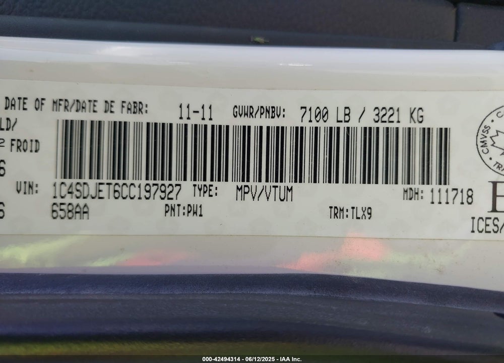 2012 DODGE DURANGO VIN: 1C4SDJET6CC197927