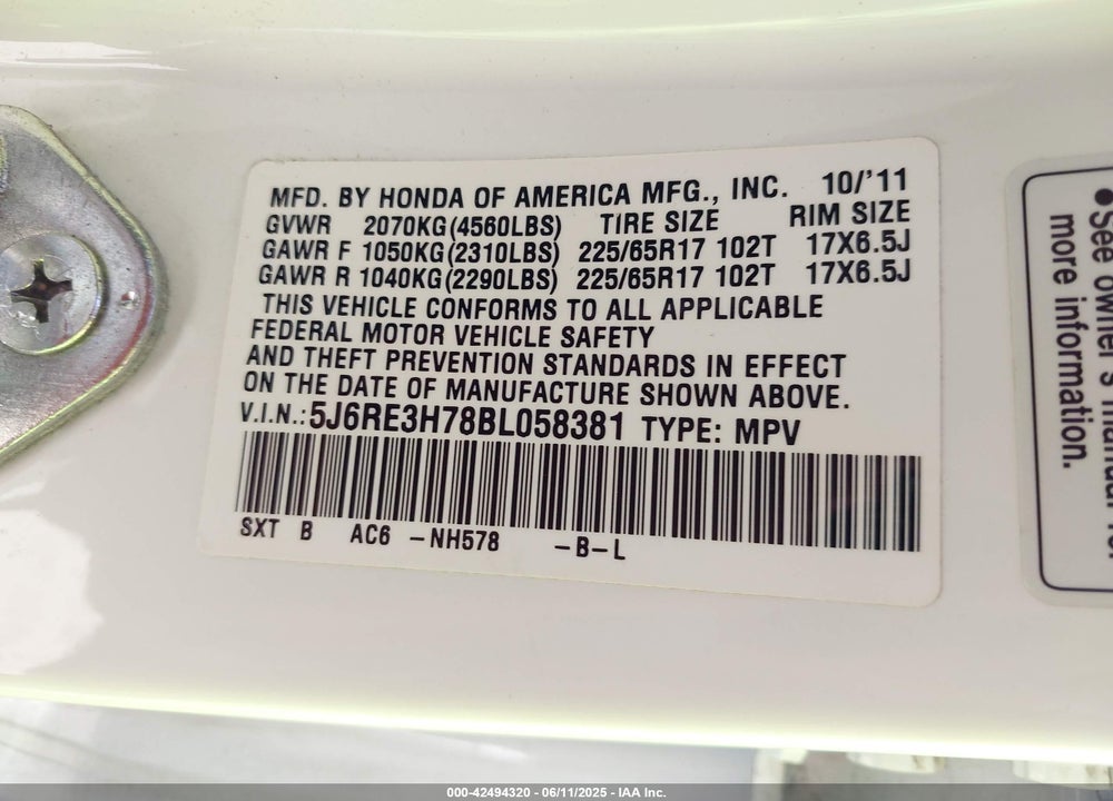 2011 HONDA CR-V EX-L VIN: 5J6RE3H78BL058381
