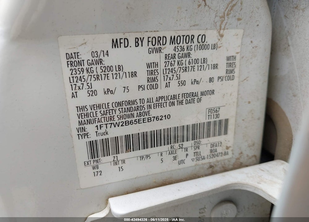 2014 FORD F-250 VIN: 1FT7W2B65EEB76210