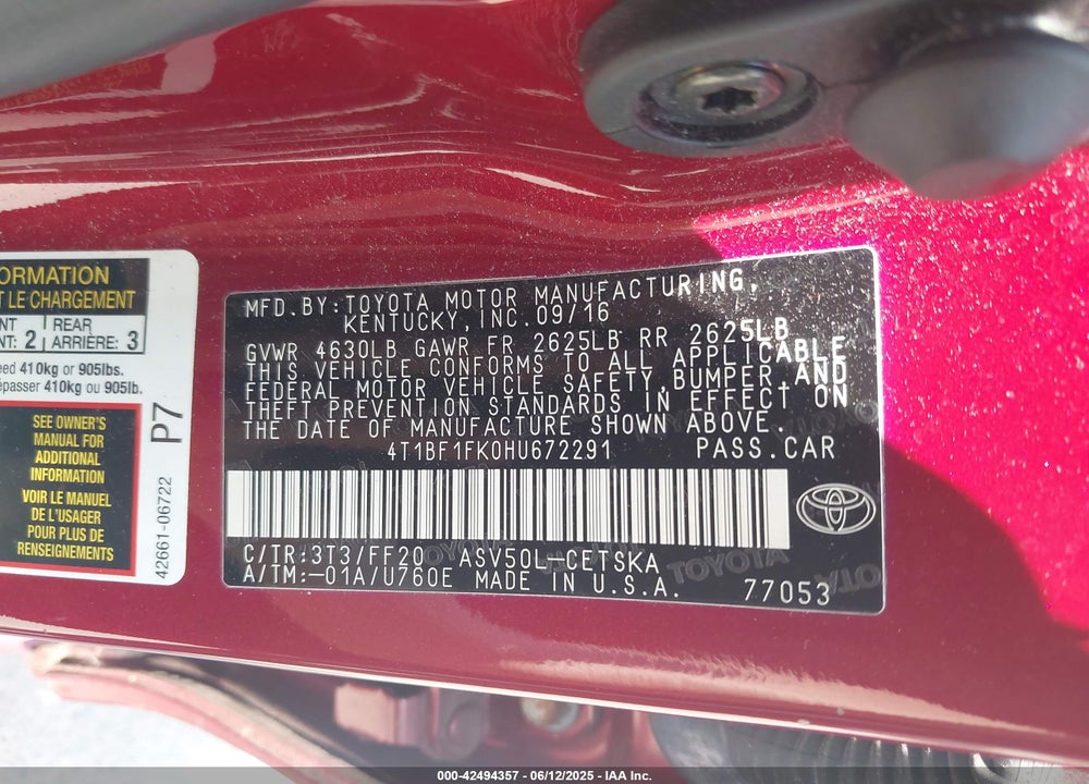 2017 TOYOTA CAMRY VIN: 4T1BF1FK0HU672291