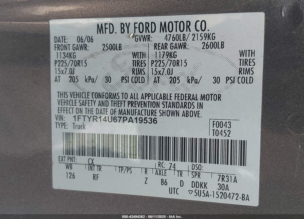 2007 FORD RANGER VIN: 1FTYR14U67PA19536