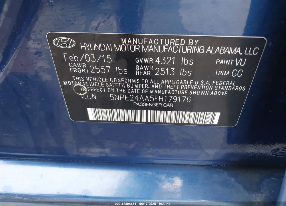 2015 HYUNDAI SONATA VIN: 5NPE24AA5FH179176