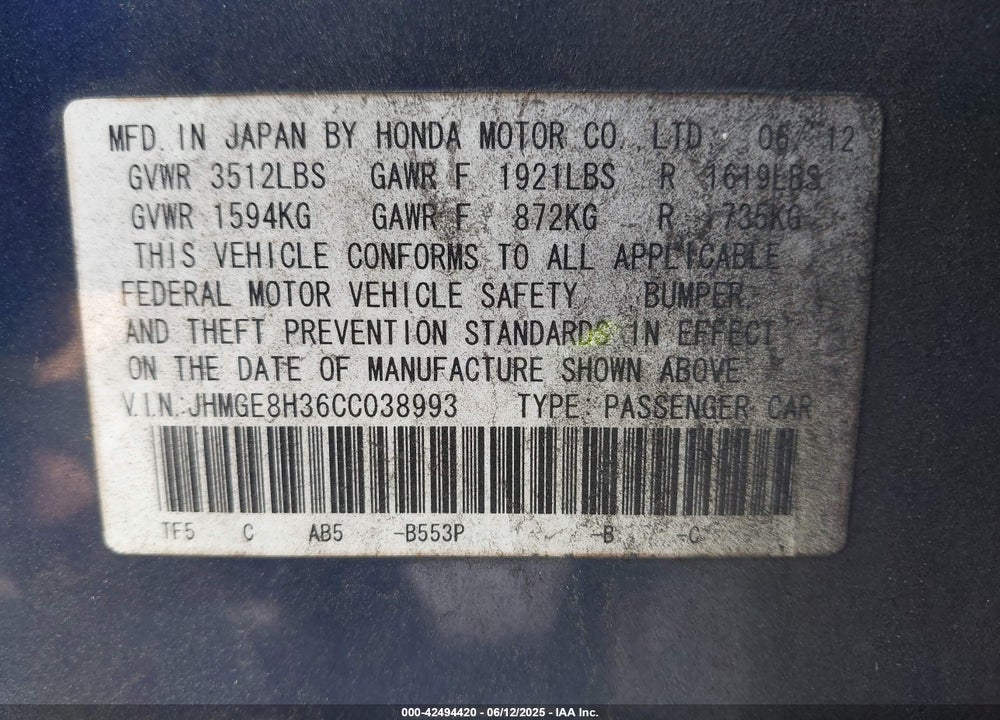 2012 HONDA FIT VIN: JHMGE8H36CC038993