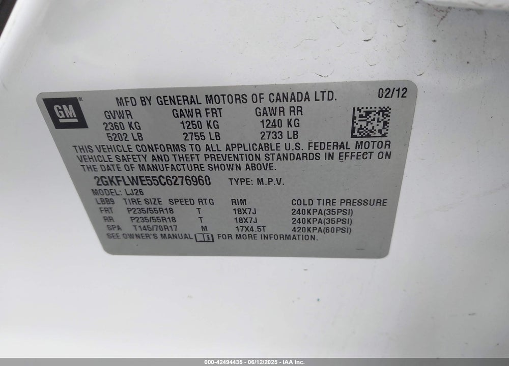 2012 GMC TERRAIN VIN: 2GKFLWE55C6276960
