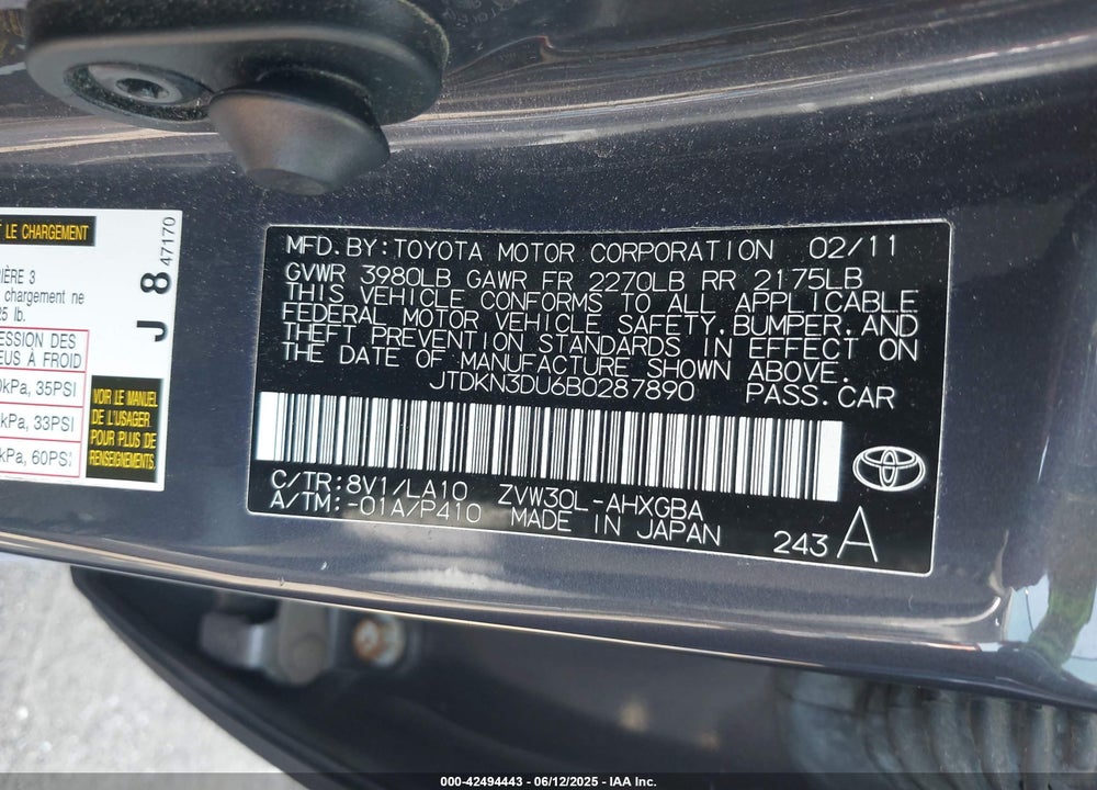 2011 TOYOTA PRIUS VIN: JTDKN3DU6B0287890