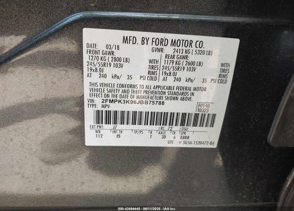 2018 FORD EDGE TITANIUM VIN: 2FMPK3K96JBB75788