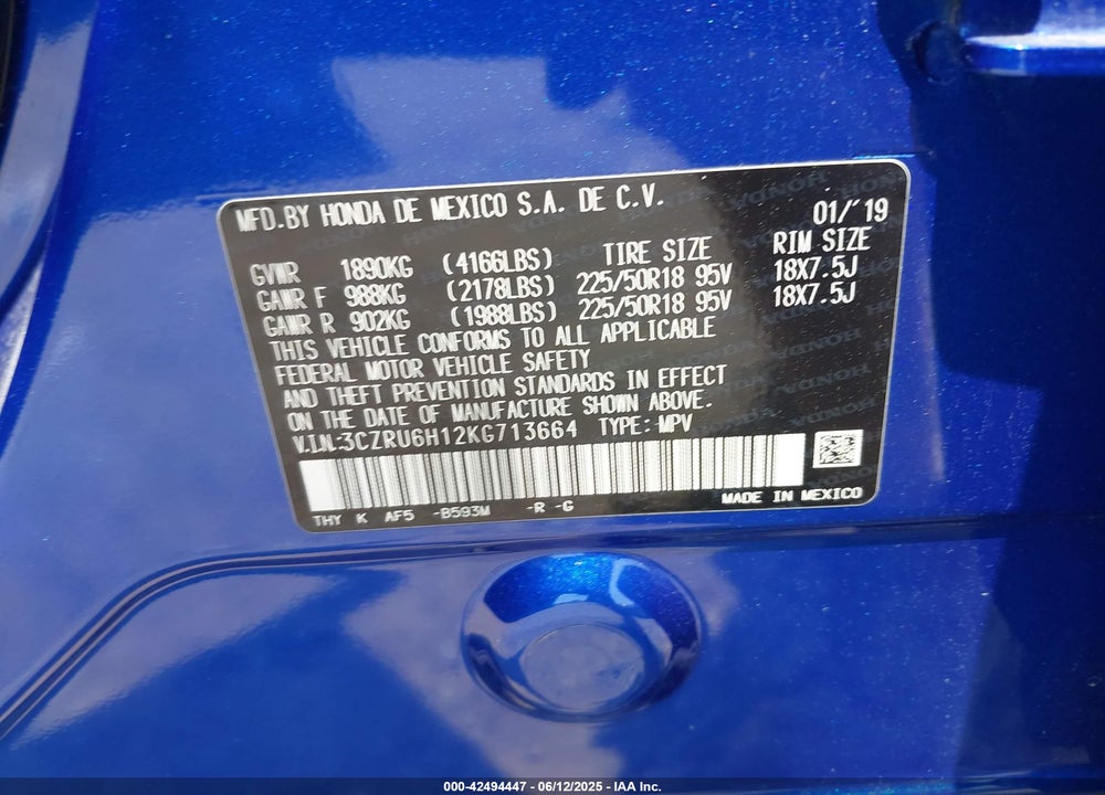 2019 HONDA HR-V SPORT VIN: 3CZRU6H12KG713664