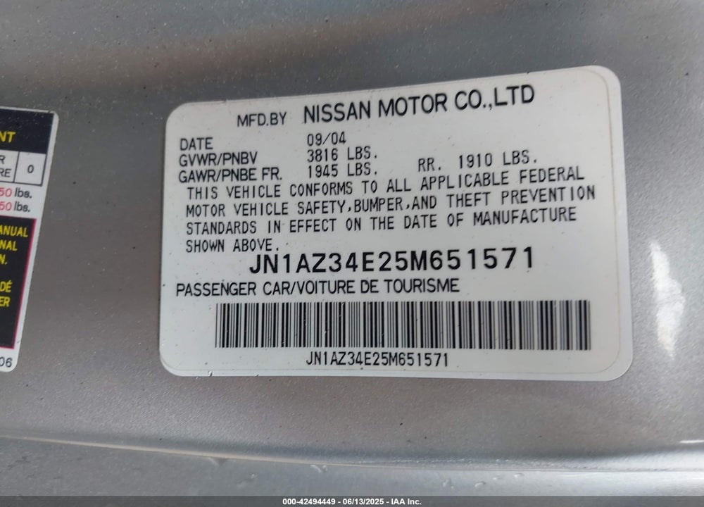 2005 NISSAN 350Z TOURING VIN: JN1AZ34E25M651571