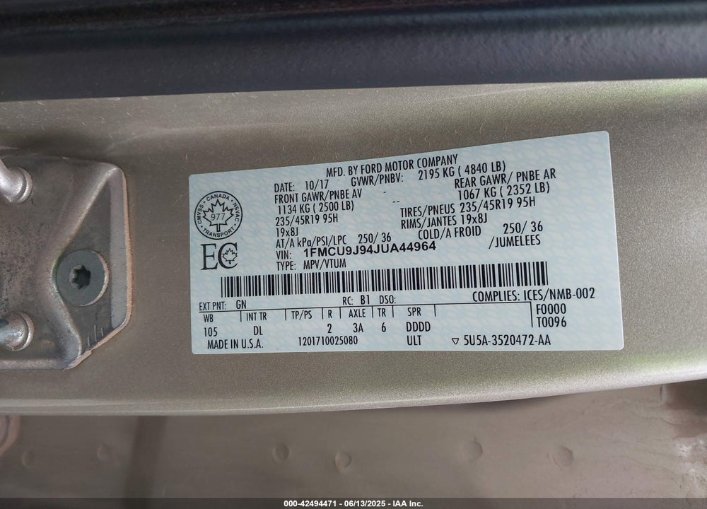 2018 FORD ESCAPE VIN: 1FMCU9J94JUA44964