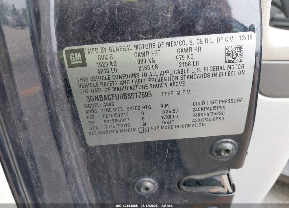 2011 CHEVROLET HHR VIN: 3GNBACFU8BS577699