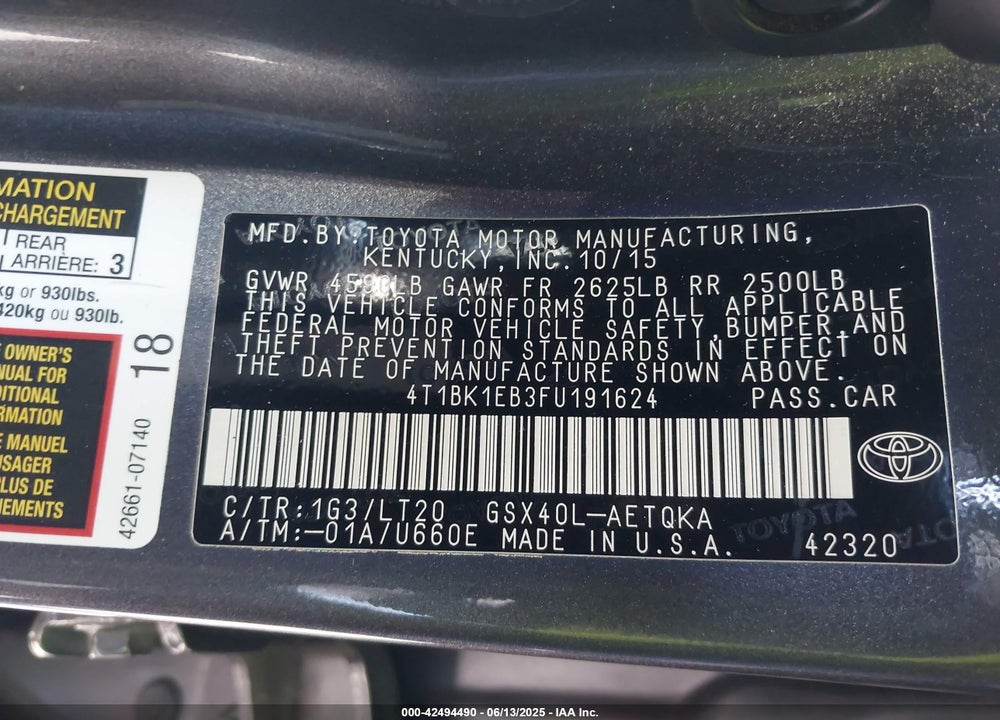 2015 TOYOTA AVALON XLE TOURING VIN: 4T1BK1EB3FU191624
