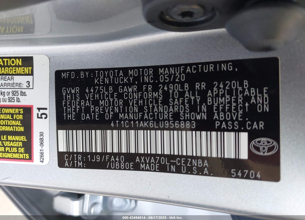 2020 TOYOTA CAMRY VIN: 4T1C11AK6LU956883