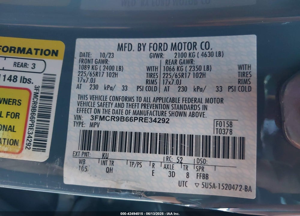 2023 FORD BRONCO SPORT VIN: 3FMCR9B66PRE34292