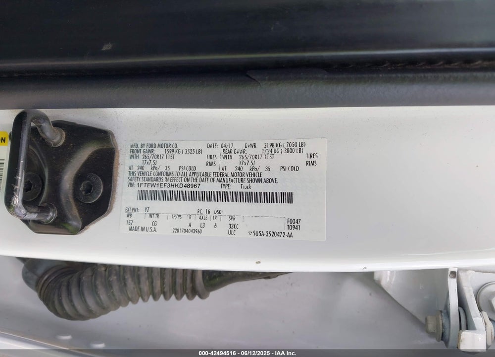2017 FORD F-150 VIN: 1FTFW1EF3HKD48967