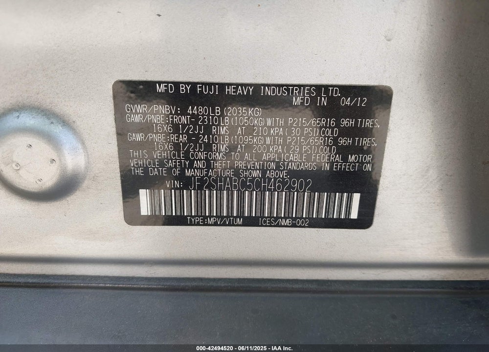 2012 SUBARU FORESTER VIN: JF2SHABC5CH462902