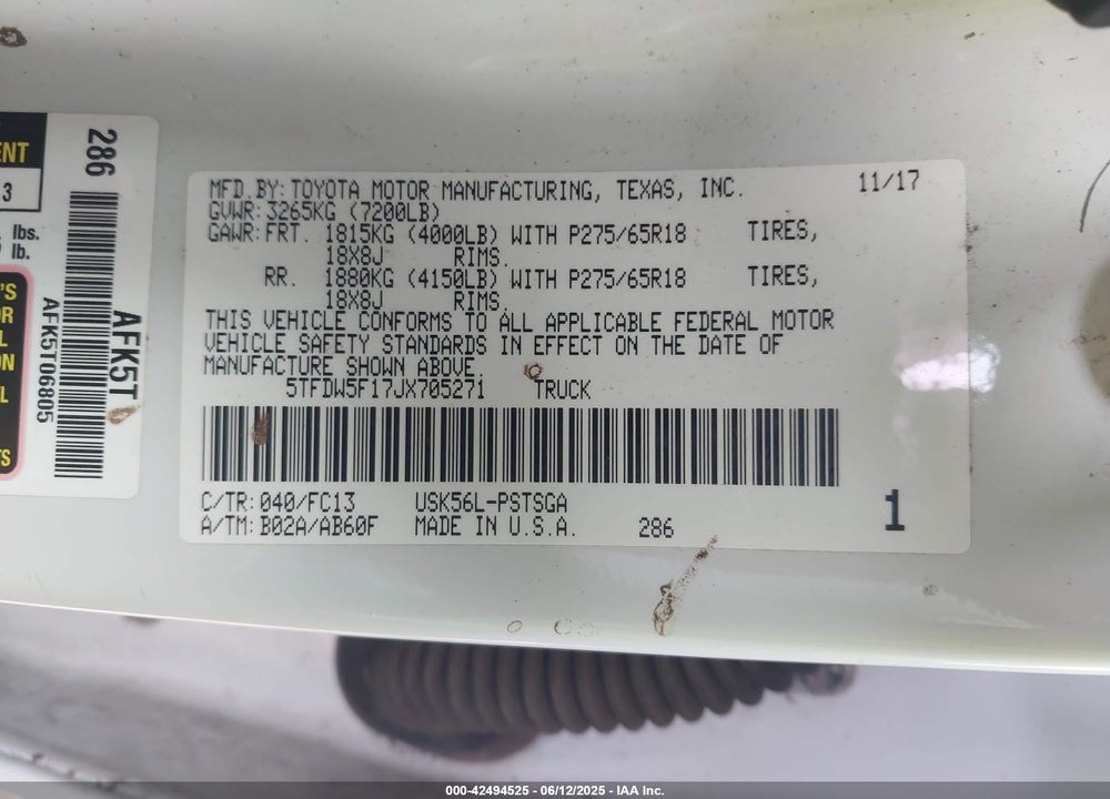 2018 TOYOTA TUNDRA SR5 5.7L V8 VIN: 5TFDW5F17JX705271