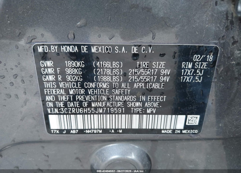 2018 HONDA HR-V VIN: 3CZRU6H55JM719591