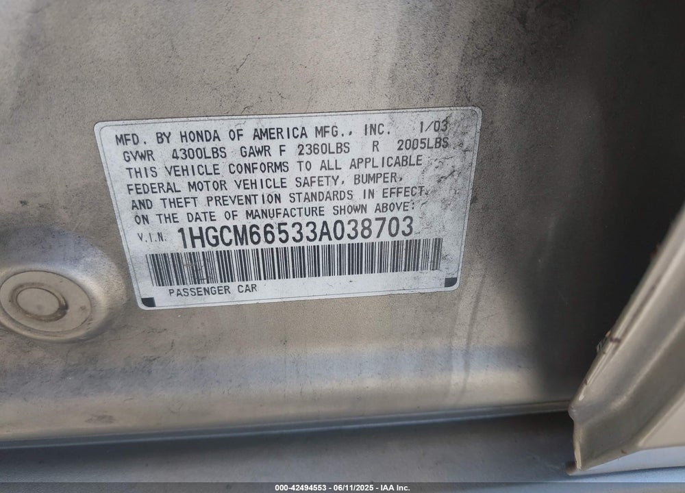 2003 HONDA ACCORD 3.0 EX VIN: 1HGCM66533A038703