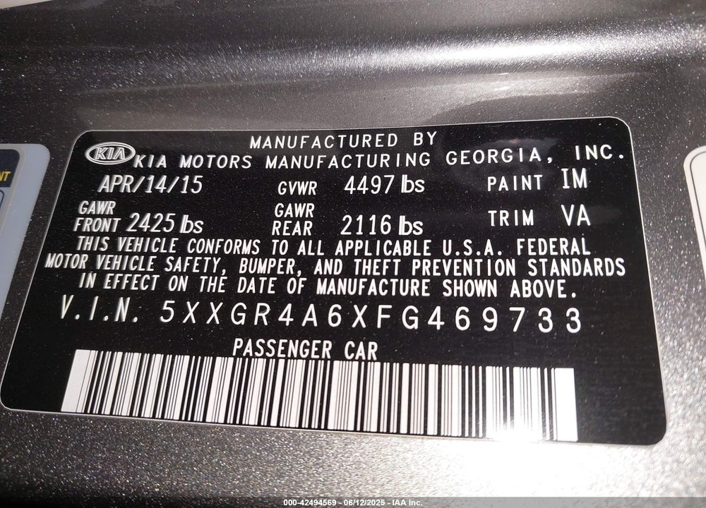 2015 KIA OPTIMA VIN: 5XXGR4A6XFG469733