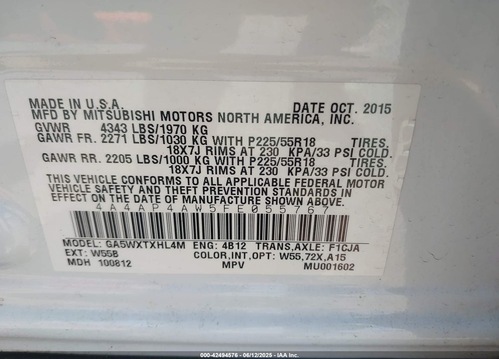 2015 MITSUBISHI OUTLANDER SPORT VIN: 4A4AP4AW5FE055767