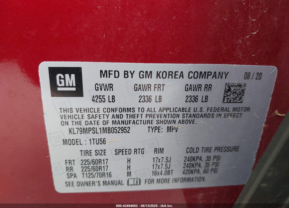 2021 CHEVROLET TRAILBLAZER VIN: KL79MPSL1MB052952