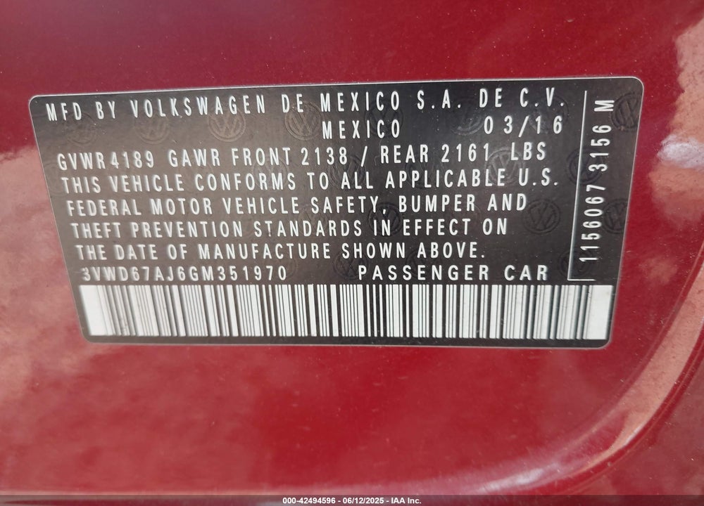 2016 VOLKSWAGEN JETTA VIN: 3VWD67AJ6GM351970