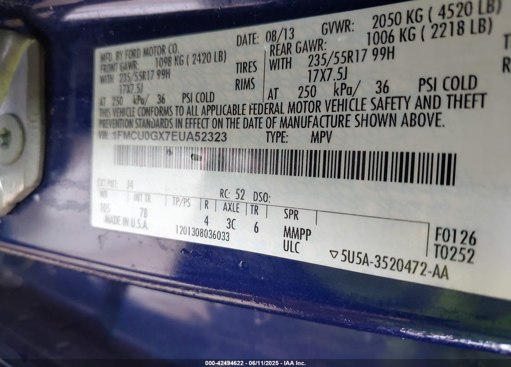 2014 FORD ESCAPE VIN: 1FMCU0GX7EUA52323