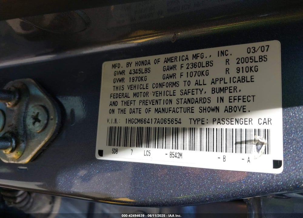 2007 HONDA ACCORD 3.0 SE VIN: 1HGCM66417A065654