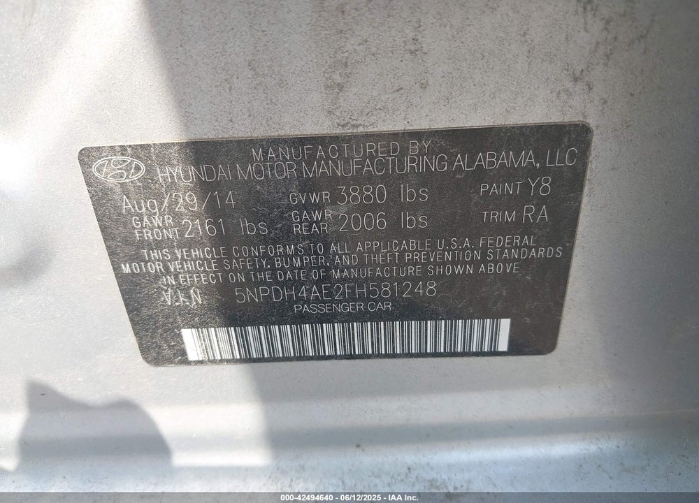 2015 HYUNDAI ELANTRA LIMITED VIN: 5NPDH4AE2FH581248