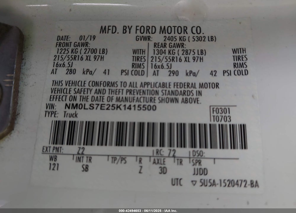 2019 FORD TRANSIT CONNECT XL VIN: NM0LS7E25K1415500
