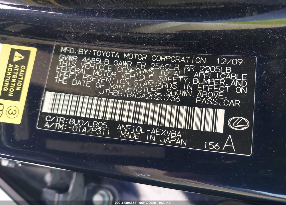 2010 LEXUS HS 250H VIN: JTHBB1BA0A2020736