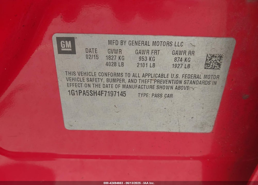 2015 CHEVROLET CRUZE VIN: 1G1PA5SH4F7197145