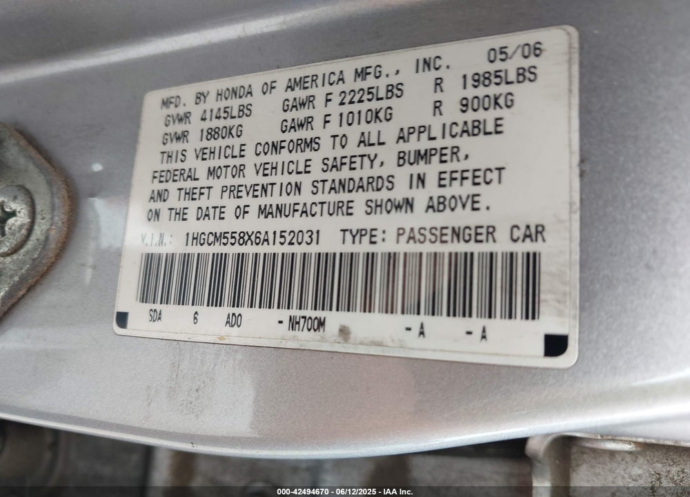 2006 HONDA ACCORD 2.4 EX VIN: 1HGCM558X6A152031