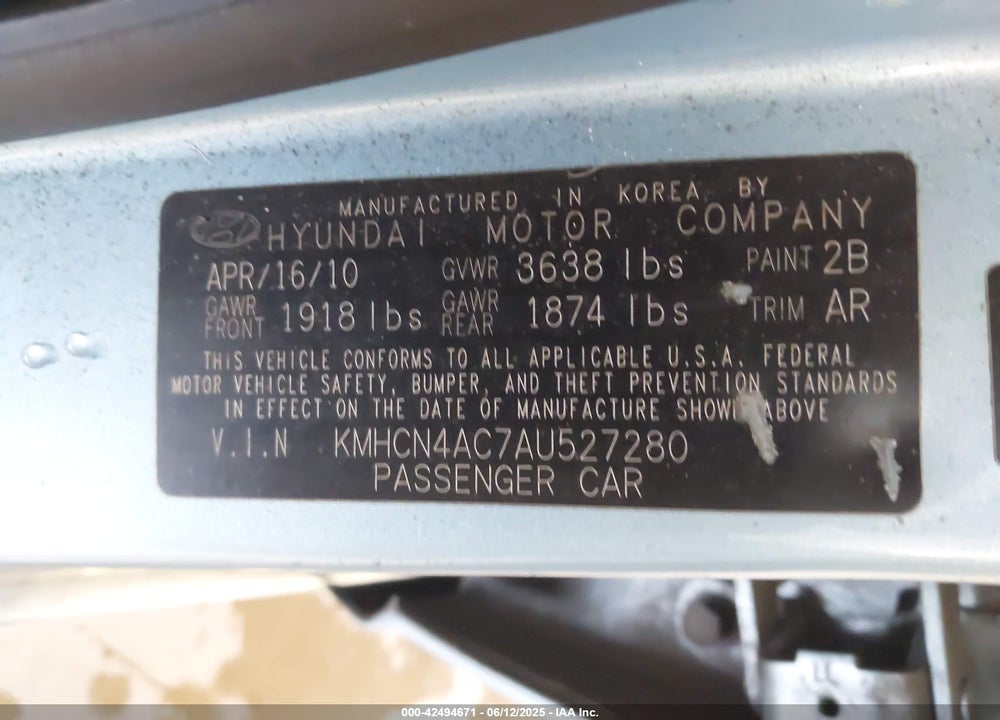 2010 HYUNDAI ACCENT VIN: KMHCN4AC7AU527280