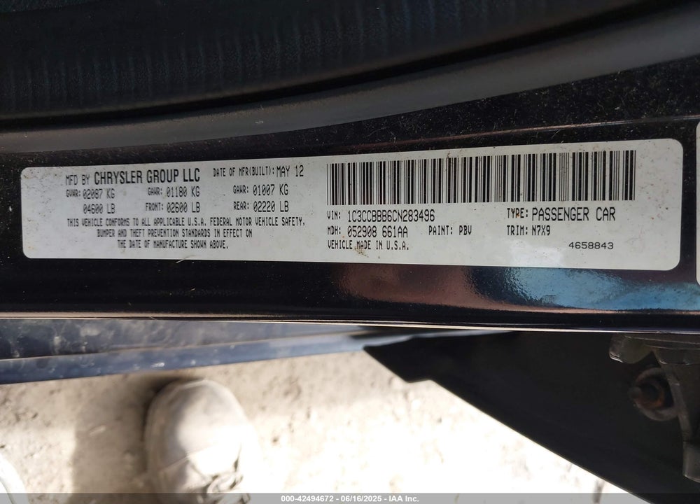 2012 CHRYSLER 200 VIN: 1C3CCBBB6CN283496