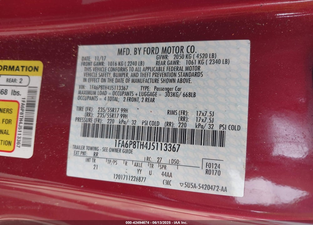 2018 FORD MUSTANG VIN: 1FA6P8TH4J5113367