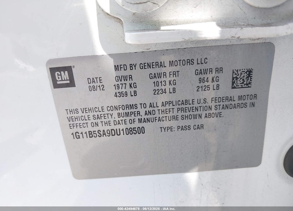 2013 CHEVROLET MALIBU 1LS VIN: 1G11B5SA9DU108500