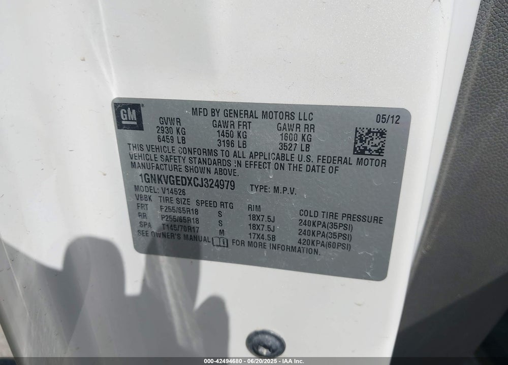 2012 CHEVROLET TRAVERSE VIN: 1GNKVGEDXCJ324979
