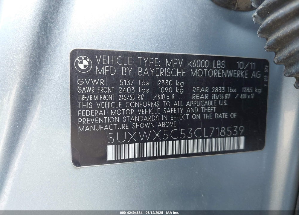 2012 BMW X3 XDRIVE28I VIN: 5UXWX5C53CL718539