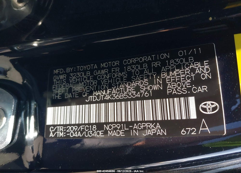 2011 TOYOTA YARIS VIN: JTDJT4K36B5334761
