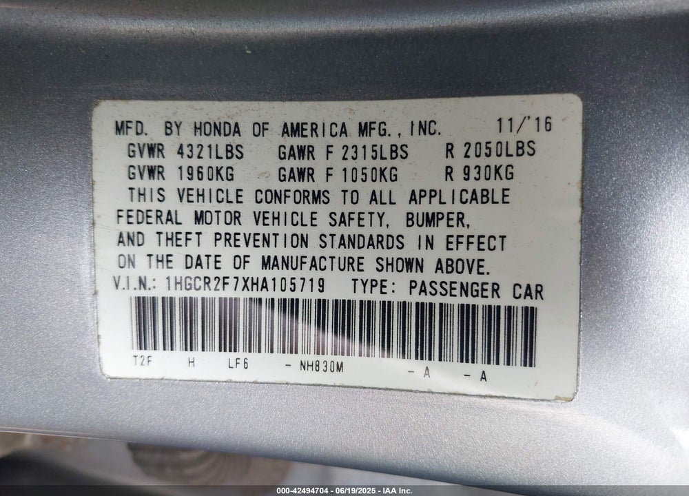 2017 HONDA ACCORD VIN: 1HGCR2F7XHA105719