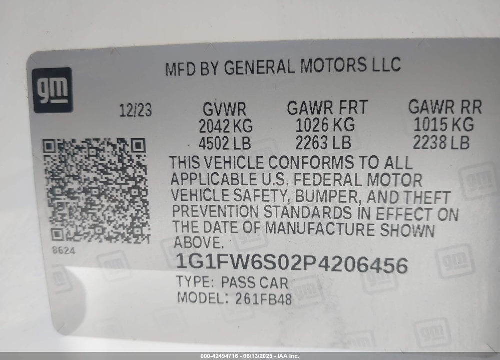 2023 CHEVROLET BOLT EV VIN: 1G1FW6S02P4206456