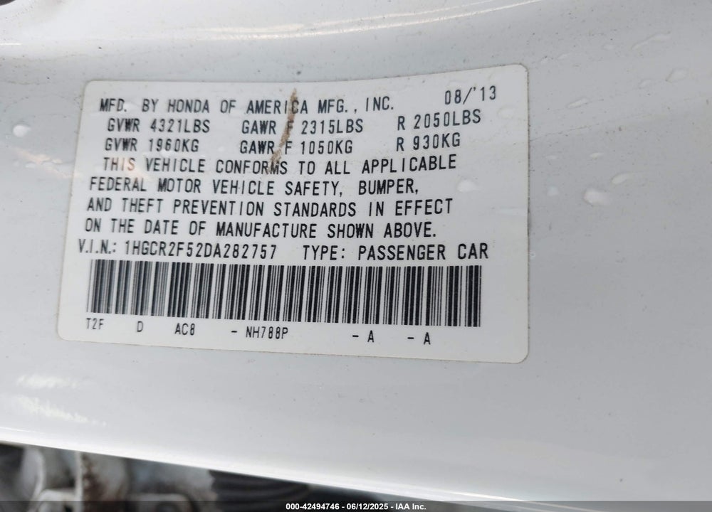 2013 HONDA ACCORD VIN: 1HGCR2F52DA282757