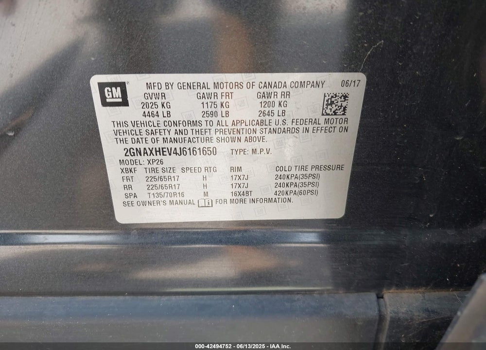 2018 CHEVROLET EQUINOX VIN: 2GNAXHEV4J6161650