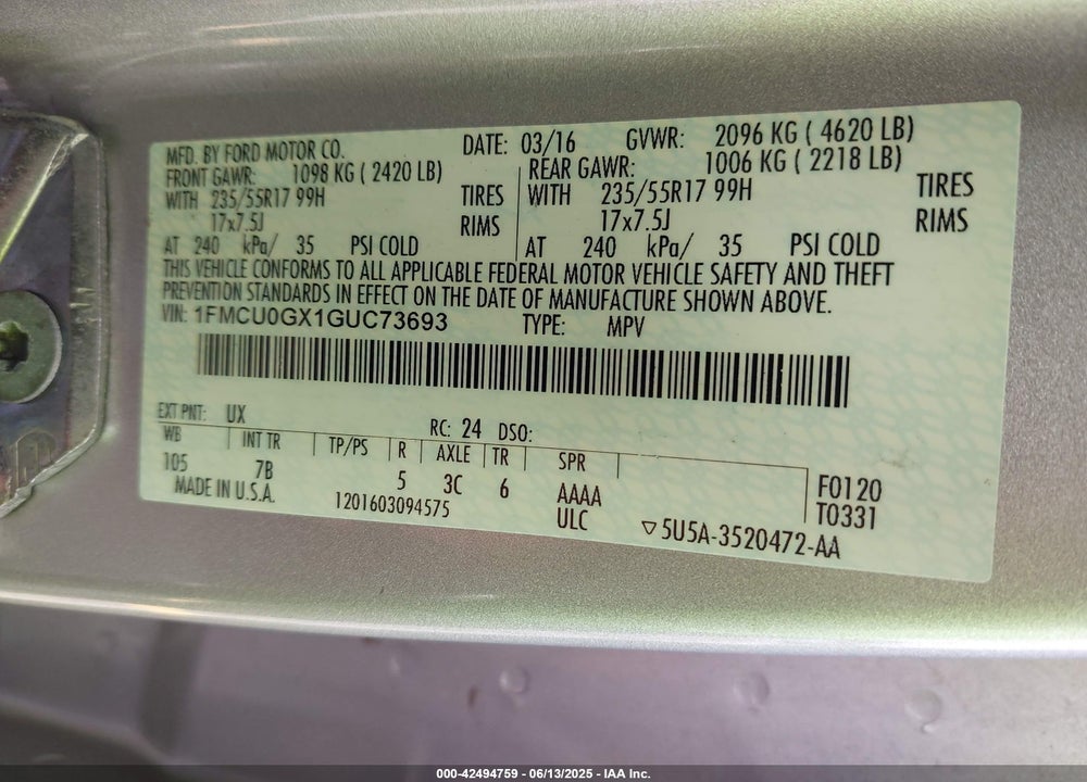 2016 FORD ESCAPE SE VIN: 1FMCU0GX1GUC73693