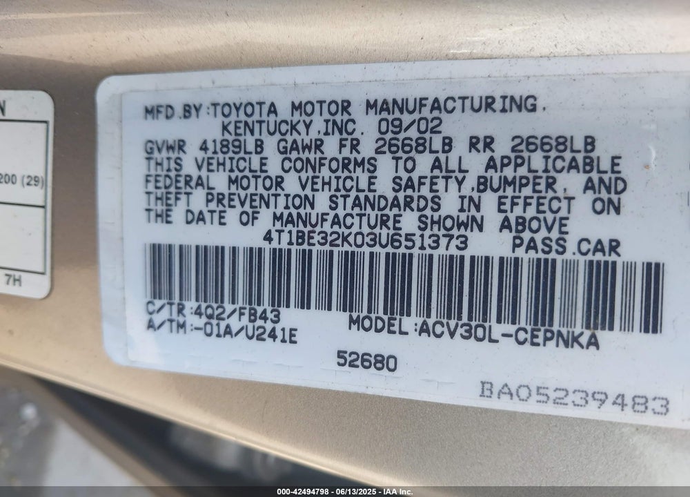 2003 TOYOTA CAMRY LE VIN: 4T1BE32K03U651373