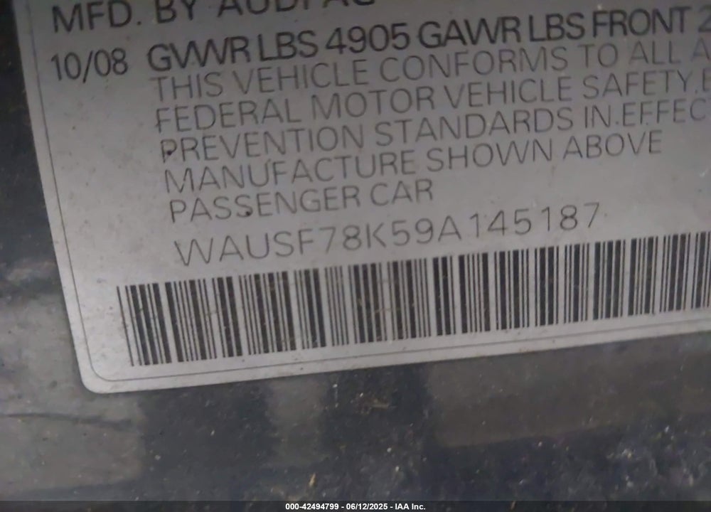 2009 AUDI A4 2.0T PREMIUM VIN: WAUSF78K59A145187
