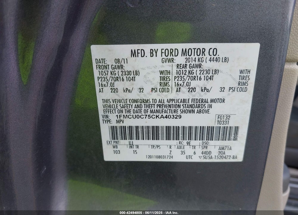 2012 FORD ESCAPE XLS VIN: 1FMCU0C75CKA40329