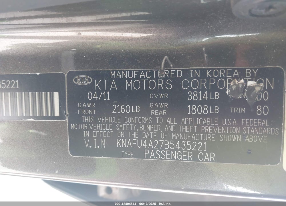 2011 KIA FORTE VIN: KNAFU4A27B5435221
