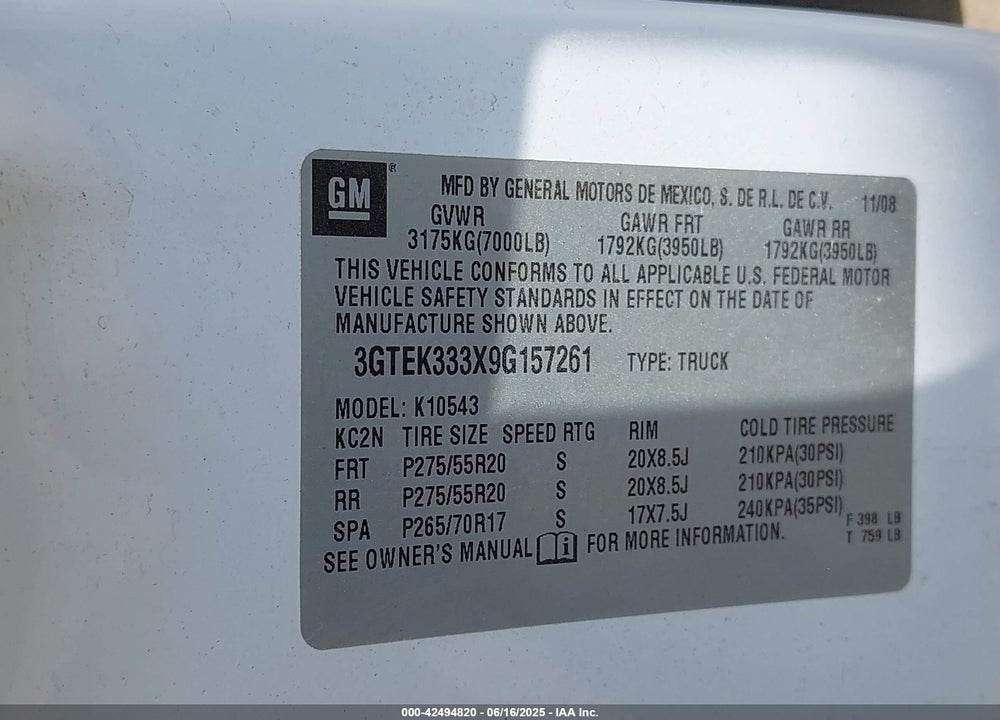2009 GMC SIERRA 1500 VIN: 3GTEK333X9G157261